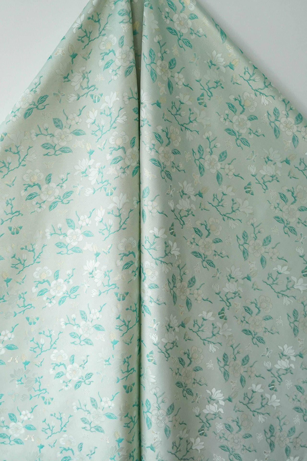 Mint Green Magnolia Butterfly Jacquard Fabric By The Yard | White Gold Floral Woven Brocade | Dress Qipao Curtain Home Décor Sewing - Poppylollipop