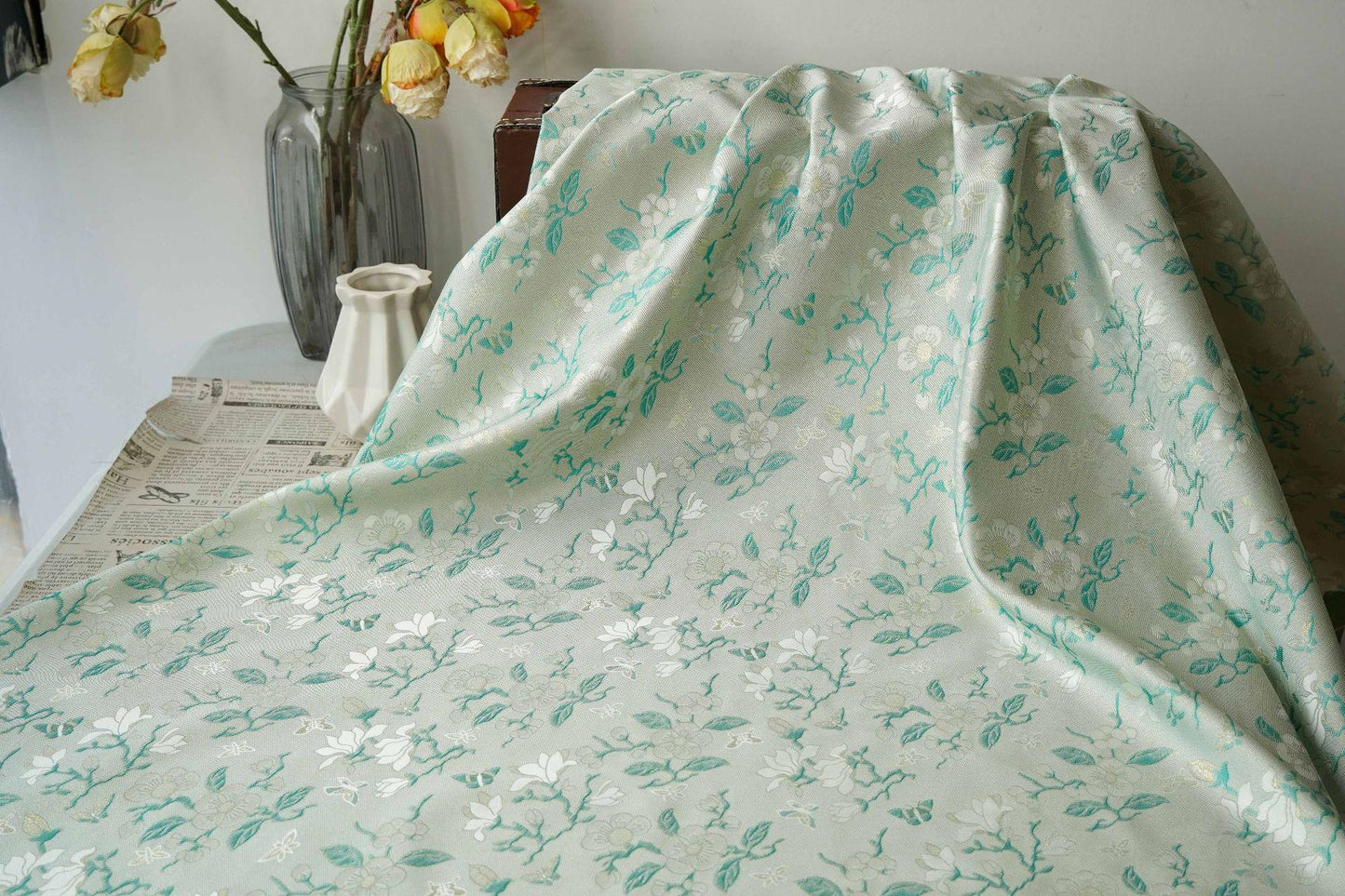 Mint Green Magnolia Butterfly Jacquard Fabric By The Yard | White Gold Floral Woven Brocade | Dress Qipao Curtain Home Décor Sewing - Poppylollipop
