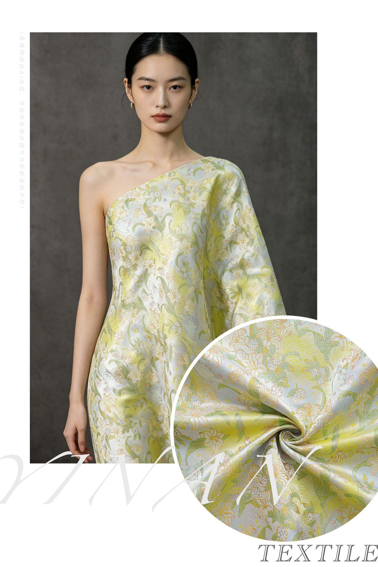 Song Brocade Silk Jacquard Fabric with Lily & Cat Gold Thread Design – Chinese Luxury Decorative Textile for Hanfu, Costume Craft Use