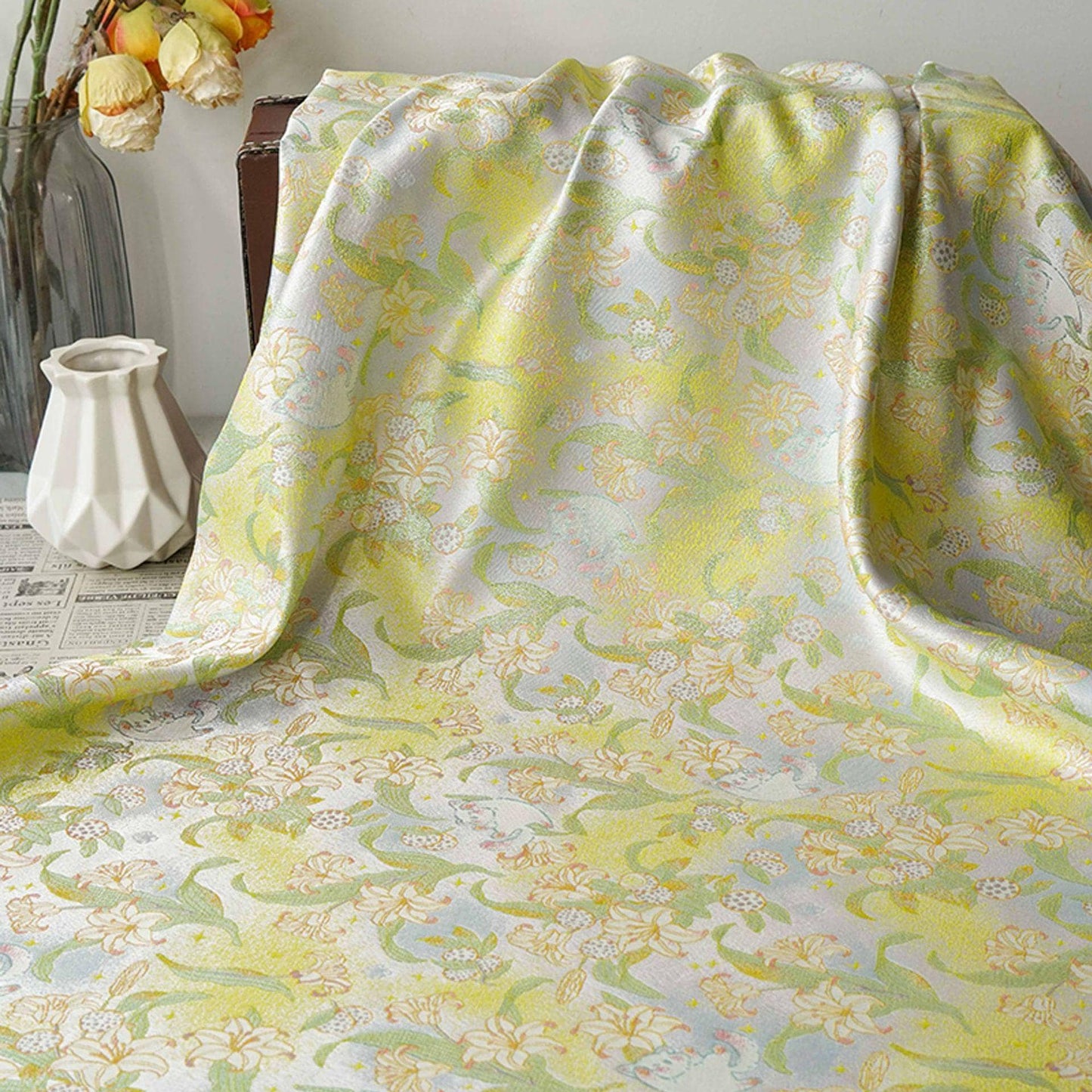 Song Brocade Silk Jacquard Fabric with Lily & Cat Gold Thread Design – Chinese Luxury Decorative Textile for Hanfu, Costume Craft Use - Poppylollipop
