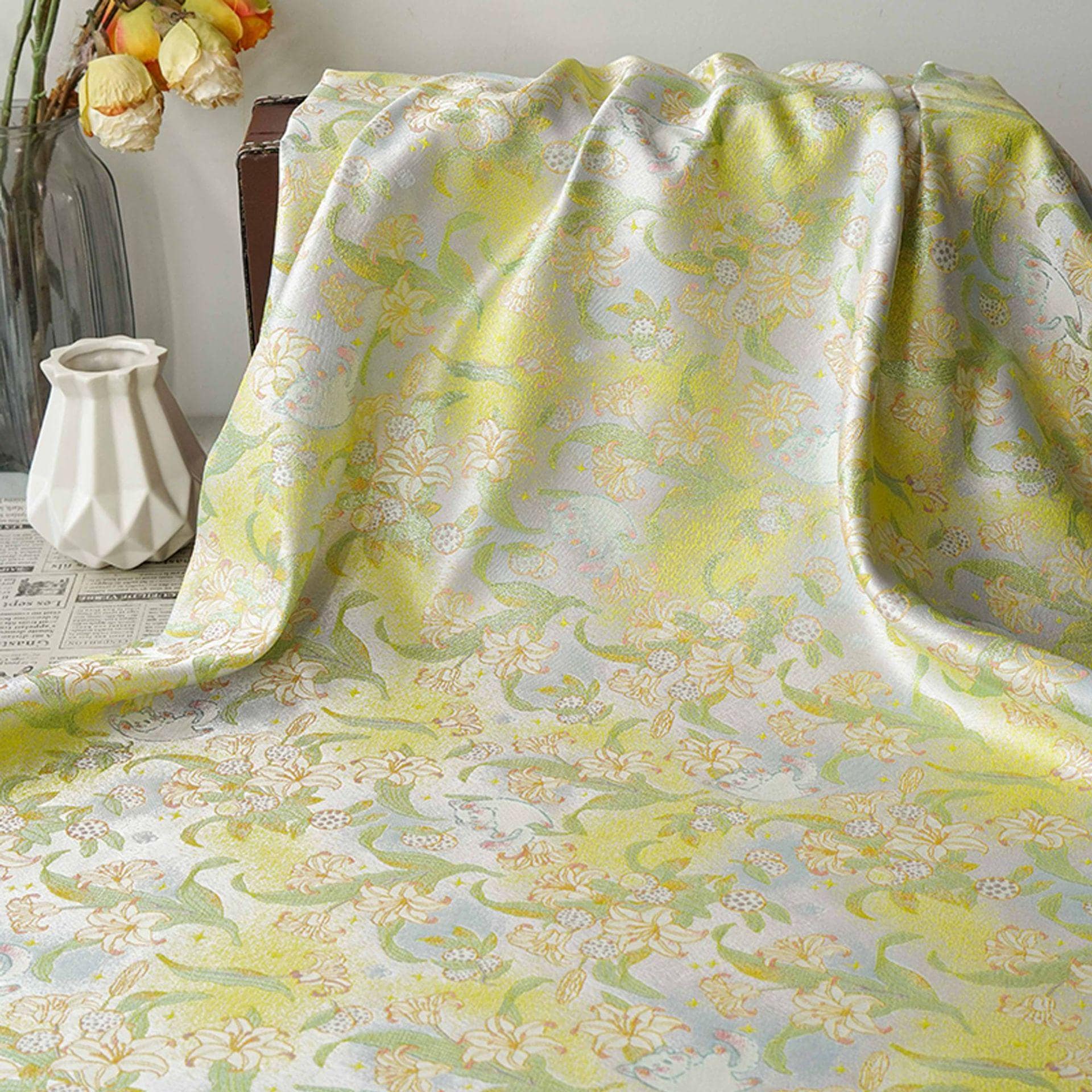 Song Brocade Silk Jacquard Fabric with Lily & Cat Gold Thread Design – Chinese Luxury Decorative Textile for Hanfu, Costume Craft Use - Poppylollipop