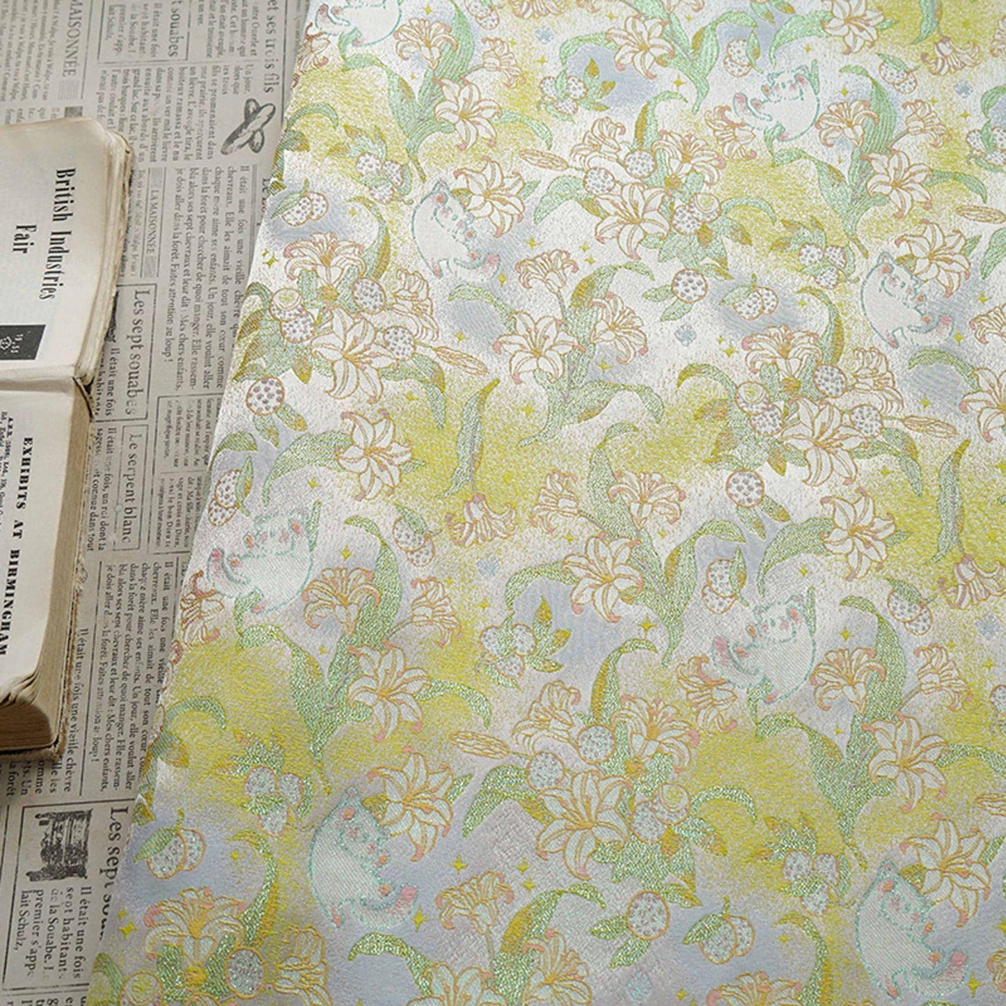 Song Brocade Silk Jacquard Fabric with Lily & Cat Gold Thread Design – Chinese Luxury Decorative Textile for Hanfu, Costume Craft Use - Poppylollipop
