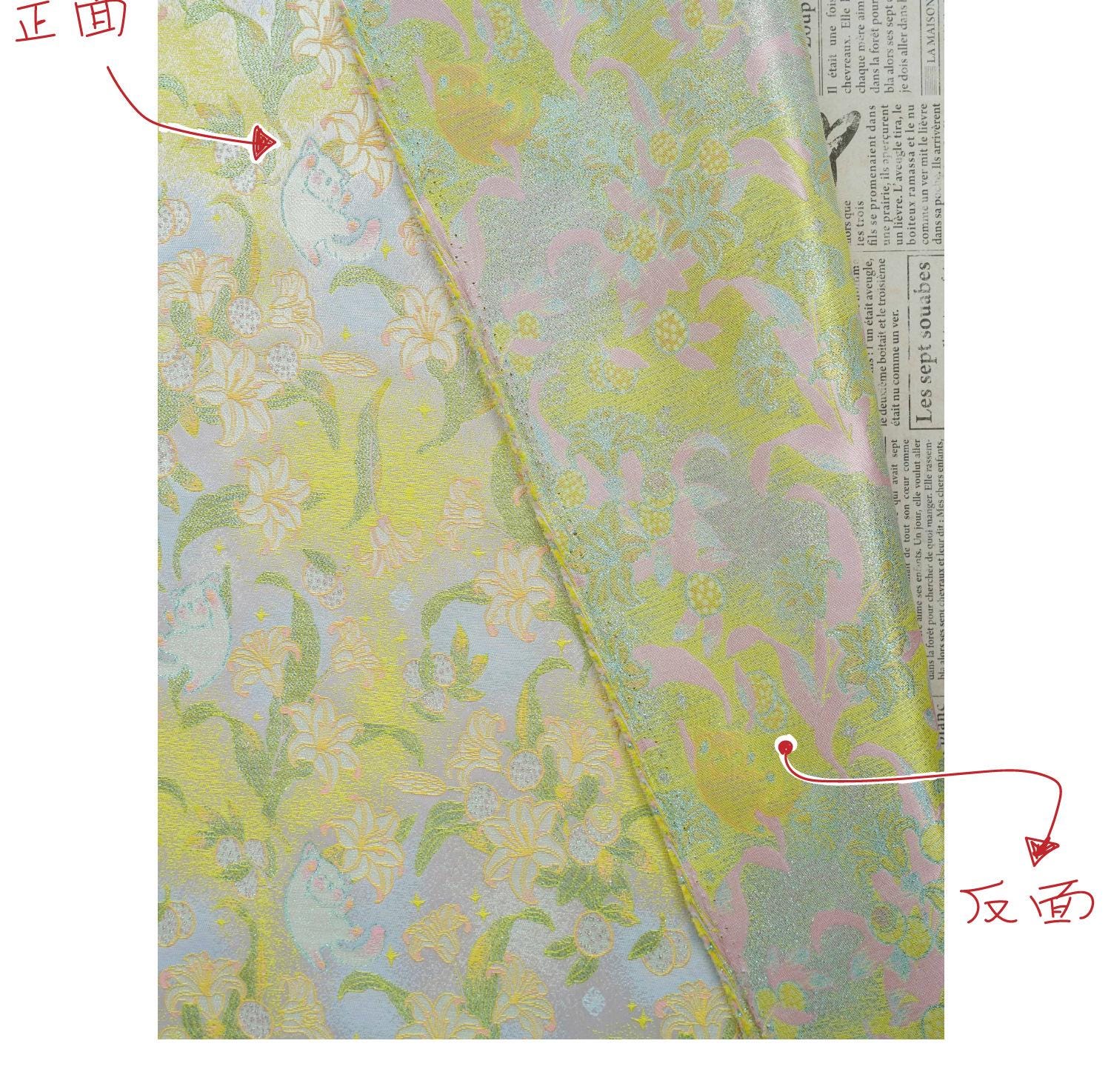 Song Brocade Silk Jacquard Fabric with Lily & Cat Gold Thread Design – Chinese Luxury Decorative Textile for Hanfu, Costume Craft Use - Poppylollipop