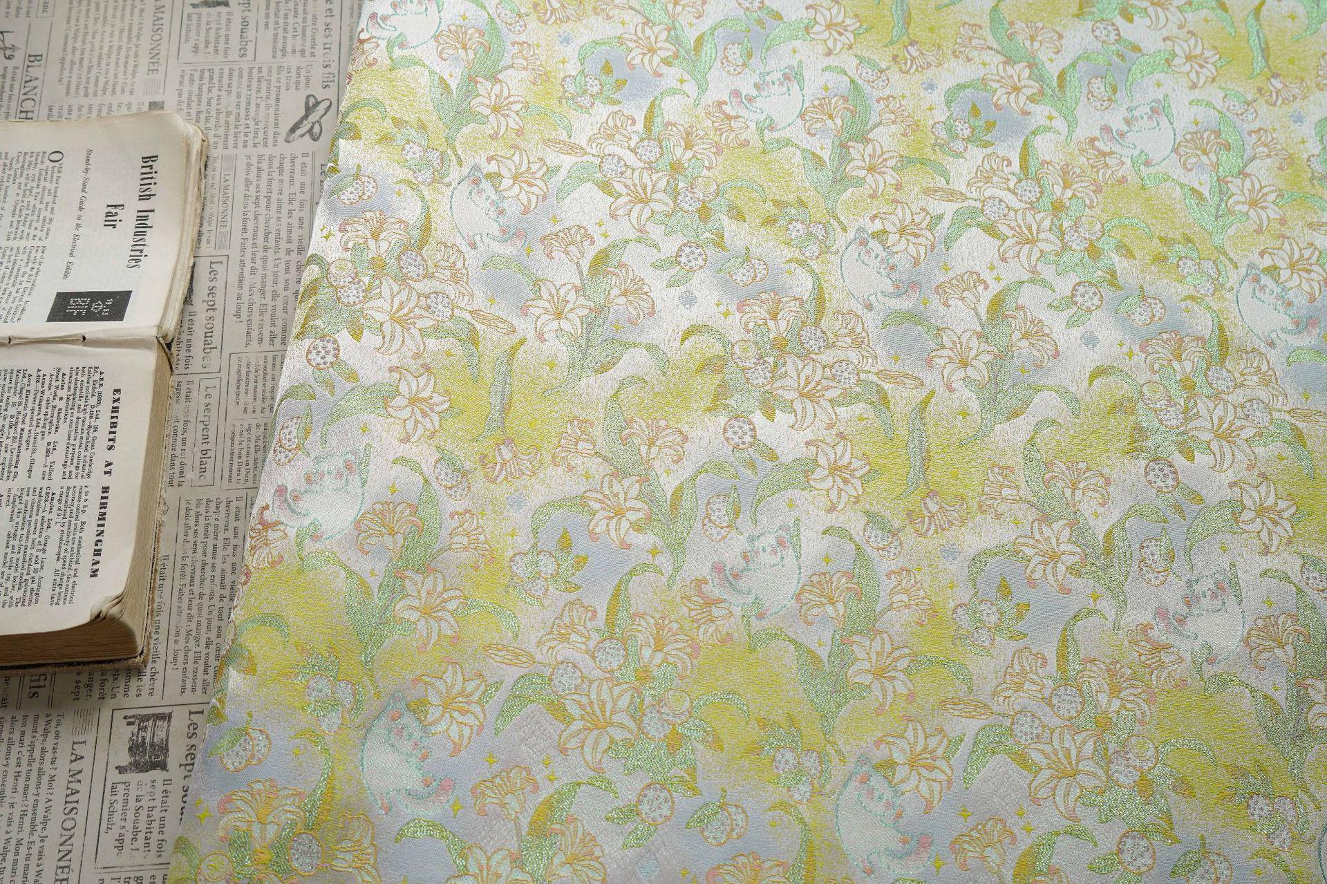 Song Brocade Silk Jacquard Fabric with Lily & Cat Gold Thread Design – Chinese Luxury Decorative Textile for Hanfu, Costume Craft Use