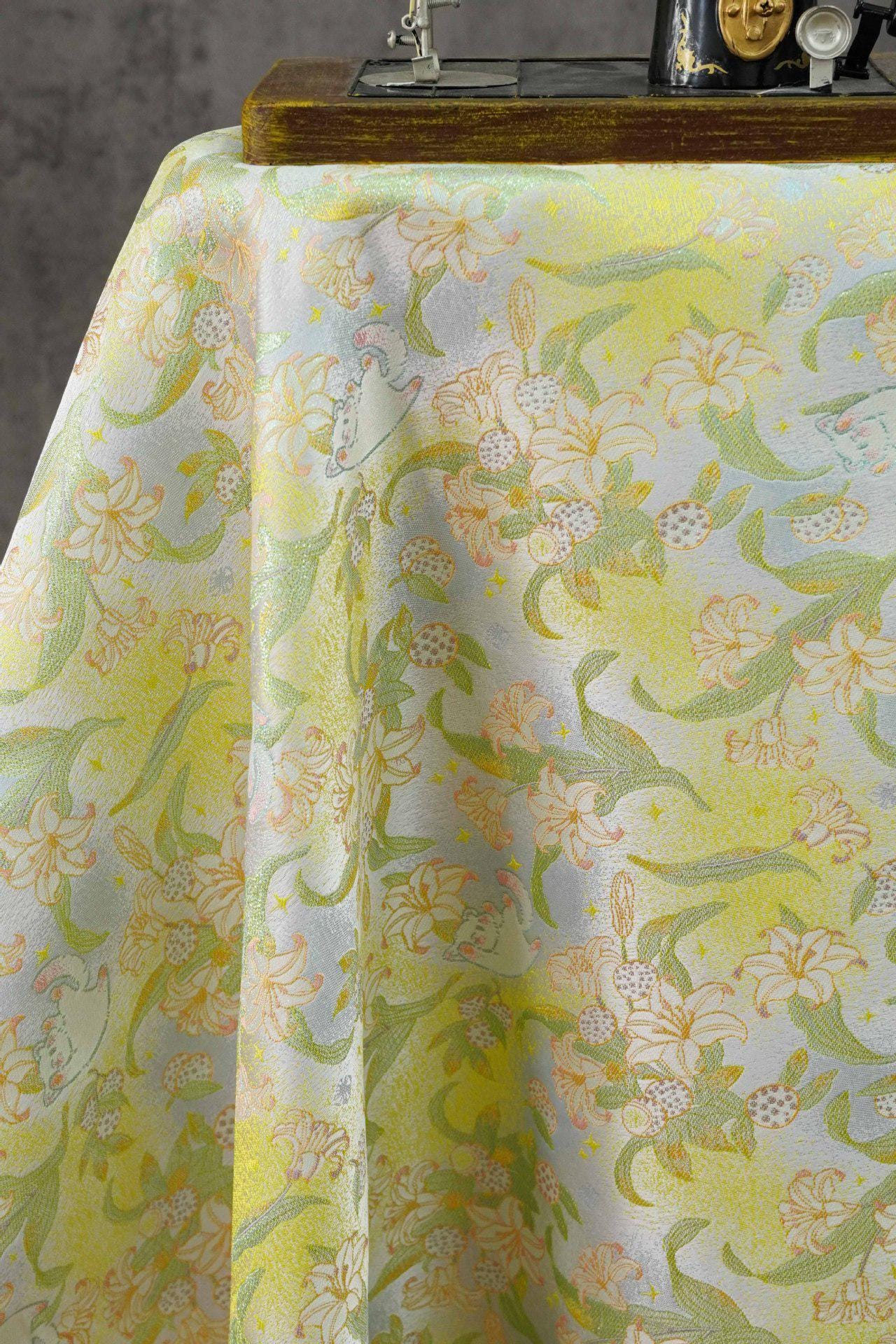 Song Brocade Silk Jacquard Fabric with Lily & Cat Gold Thread Design – Chinese Luxury Decorative Textile for Hanfu, Costume Craft Use - Poppylollipop