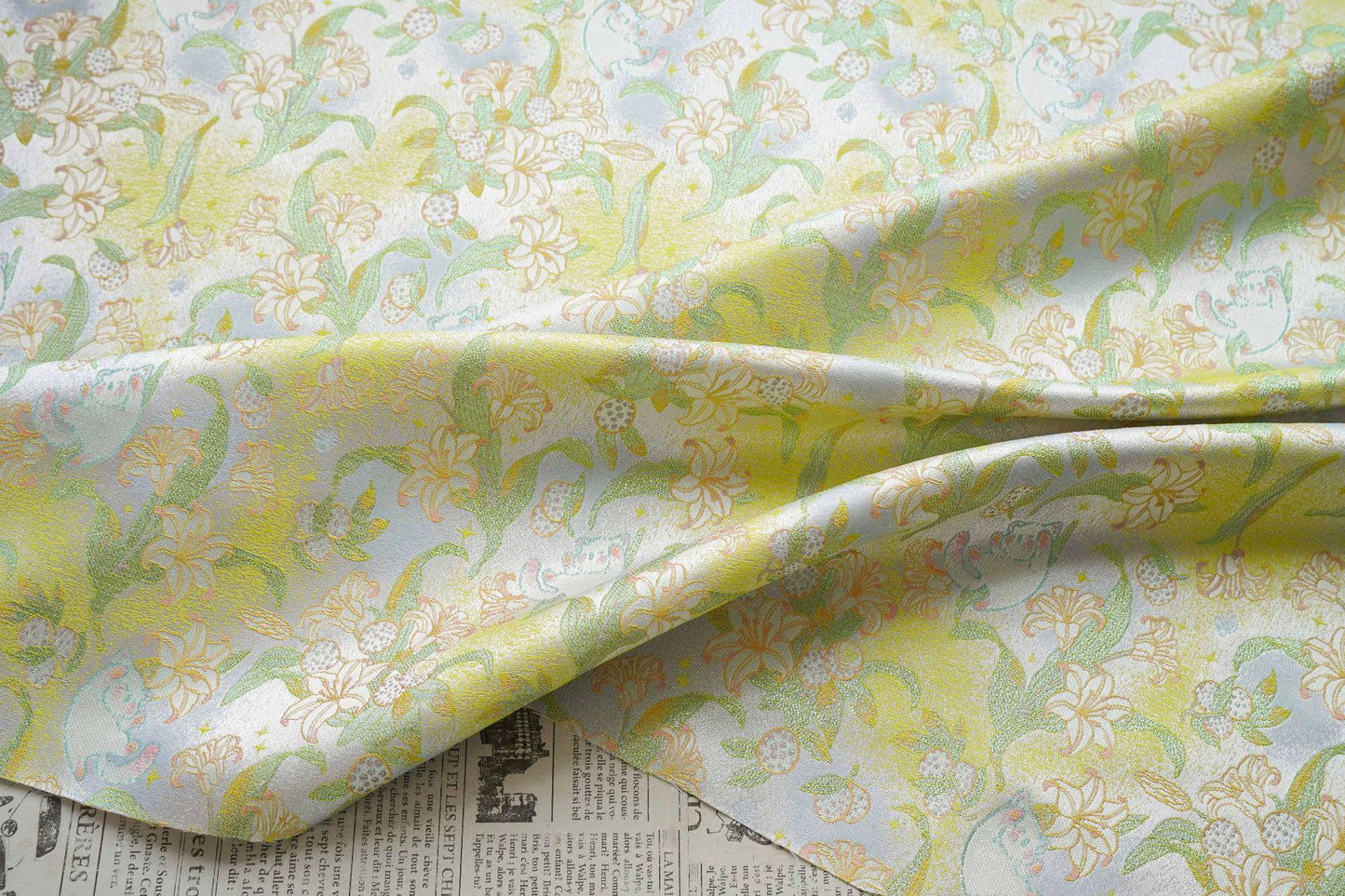 Song Brocade Silk Jacquard Fabric with Lily & Cat Gold Thread Design – Chinese Luxury Decorative Textile for Hanfu, Costume Craft Use - Poppylollipop