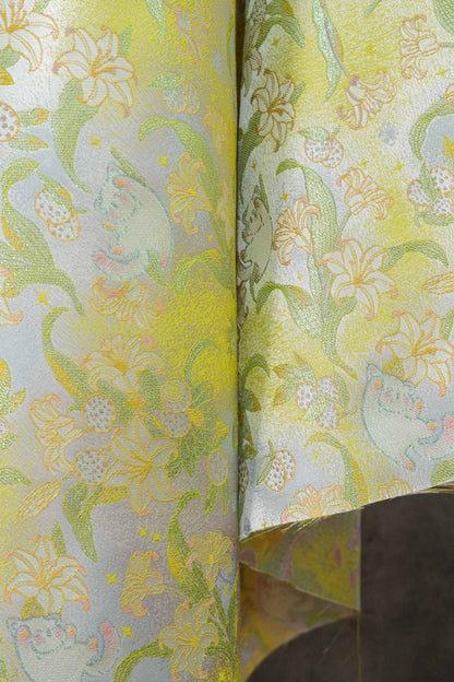 Song Brocade Silk Jacquard Fabric with Lily & Cat Gold Thread Design – Chinese Luxury Decorative Textile for Hanfu, Costume Craft Use - Poppylollipop