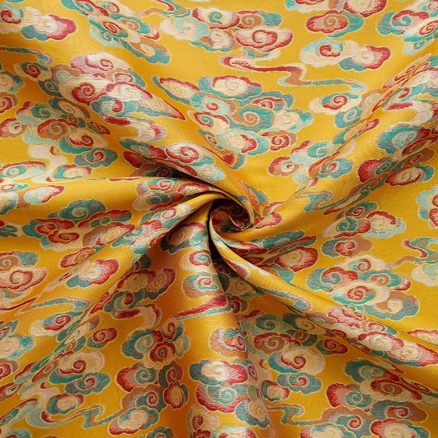 Gold Song Brocade Fabric by Yard, Colorful Cloud Pattern Silk Jacquard, Traditional Fabric for Kimono, Cheongsam, Sewing, DIY Craft Supply