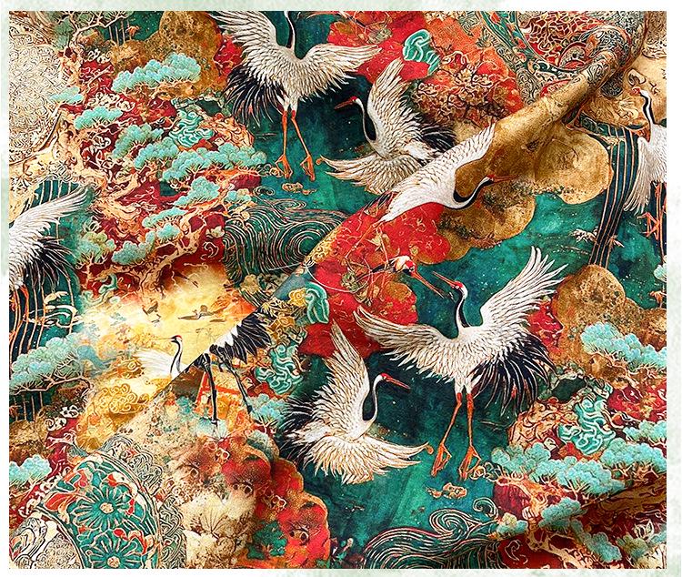 Japanese Style Crane Cotton Fabric, Mountain Print, Soft Cotton Material for Sewing, Mask, Kimono, Crafting, Home Decor, Nursery Textile