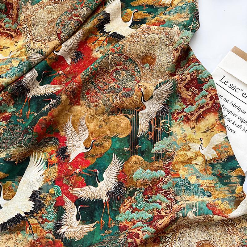 Japanese Style Crane Cotton Fabric, Mountain Print, Soft Cotton Material for Sewing, Mask, Kimono, Crafting, Home Decor, Nursery Textile