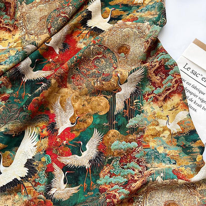 Japanese Style Crane Cotton Fabric, Mountain Print, Soft Cotton Material for Sewing, Mask, Kimono, Crafting, Home Decor, Nursery Textile