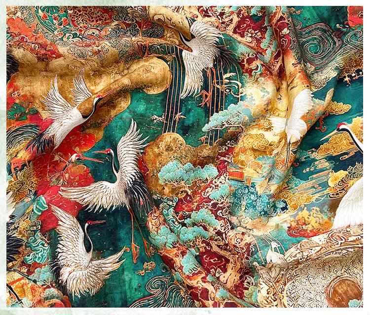 Japanese Style Crane Cotton Fabric, Mountain Print, Soft Cotton Material for Sewing, Mask, Kimono, Crafting, Home Decor, Nursery Textile