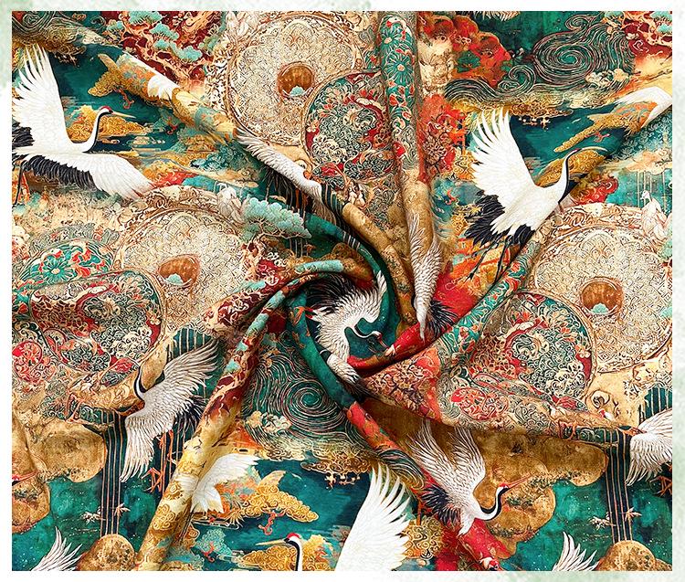 Japanese Style Crane Cotton Fabric, Mountain Print, Soft Cotton Material for Sewing, Mask, Kimono, Crafting, Home Decor, Nursery Textile