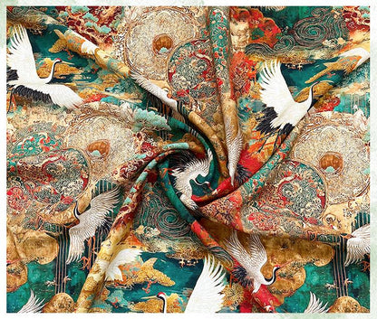 Japanese Style Crane Cotton Fabric, Mountain Print, Soft Cotton Material for Sewing, Mask, Kimono, Crafting, Home Decor, Nursery Textile