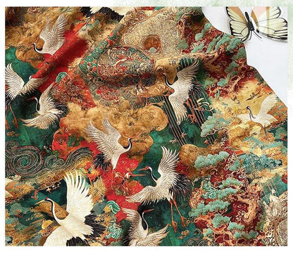 Japanese Style Crane Cotton Fabric, Mountain Print, Soft Cotton Material for Sewing, Mask, Kimono, Crafting, Home Decor, Nursery Textile