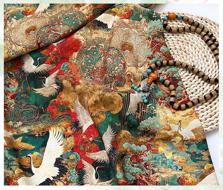 Japanese Style Crane Cotton Fabric, Mountain Print, Soft Cotton Material for Sewing, Mask, Kimono, Crafting, Home Decor, Nursery Textile