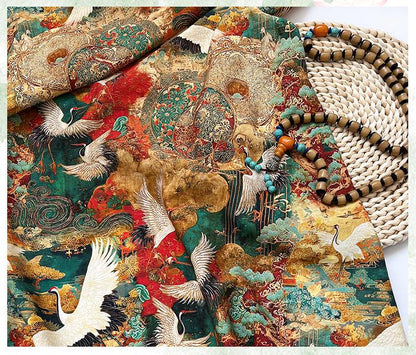 Japanese Style Crane Cotton Fabric, Mountain Print, Soft Cotton Material for Sewing, Mask, Kimono, Crafting, Home Decor, Nursery Textile