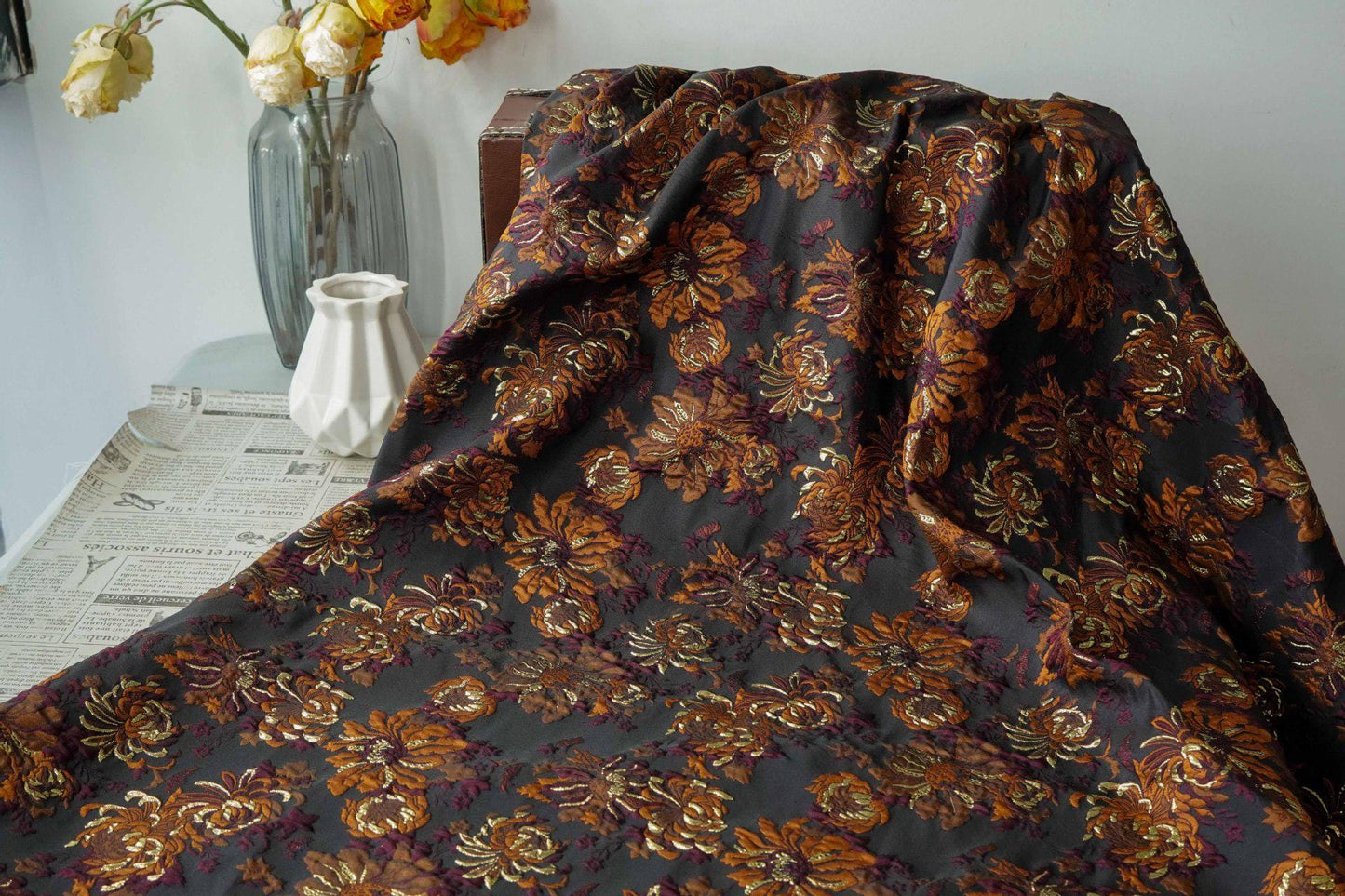 3D Embossed Chrysanthemum Gold Thread Jacquard Fabric – Chinese Brocade Textile (62" Wide) - Poppylollipop