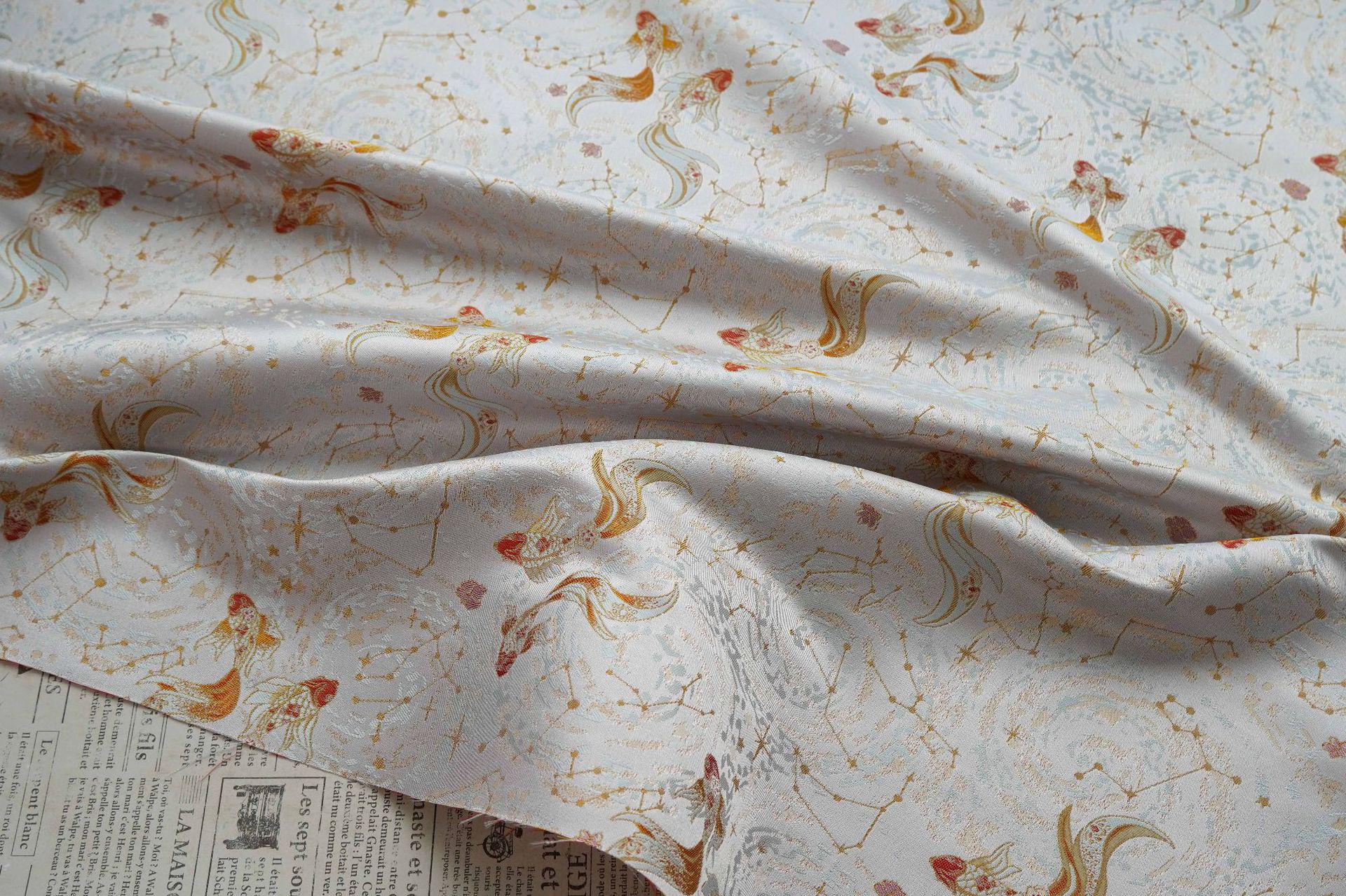 Song Brocade Pisces Gold Thread Jacquard Fabric – Chinese Zodiac Luxury Woven Textile for Hanfu, Costumes & Decorative Use, 59"Wide