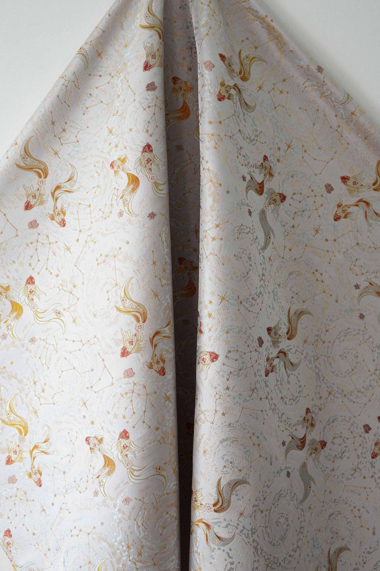 Song Brocade Pisces Gold Thread Jacquard Fabric – Chinese Zodiac Luxury Woven Textile for Hanfu, Costumes & Decorative Use, 59"Wide