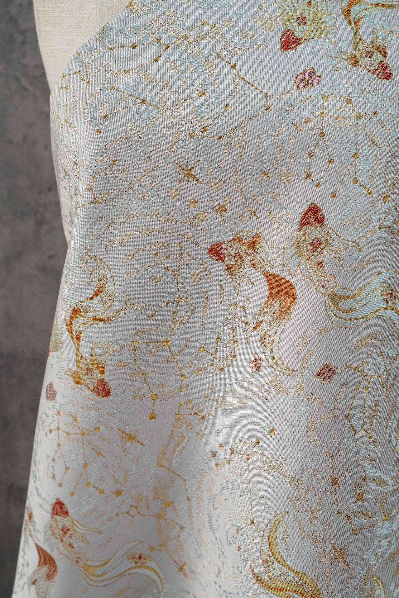 Song Brocade Pisces Gold Thread Jacquard Fabric – Chinese Zodiac Luxury Woven Textile for Hanfu, Costumes & Decorative Use, 59"Wide