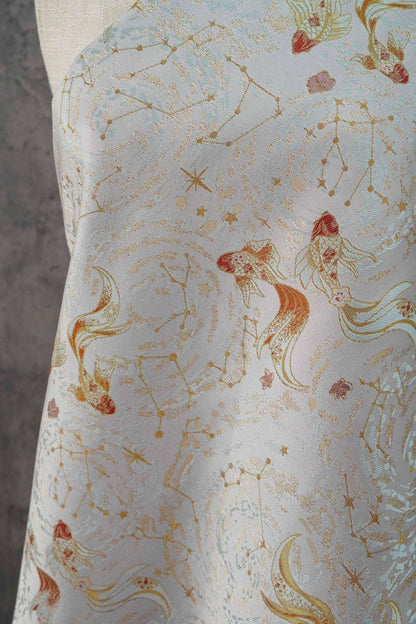 Song Brocade Pisces Gold Thread Jacquard Fabric – Chinese Zodiac Luxury Woven Textile for Hanfu, Costumes & Decorative Use, 59"Wide
