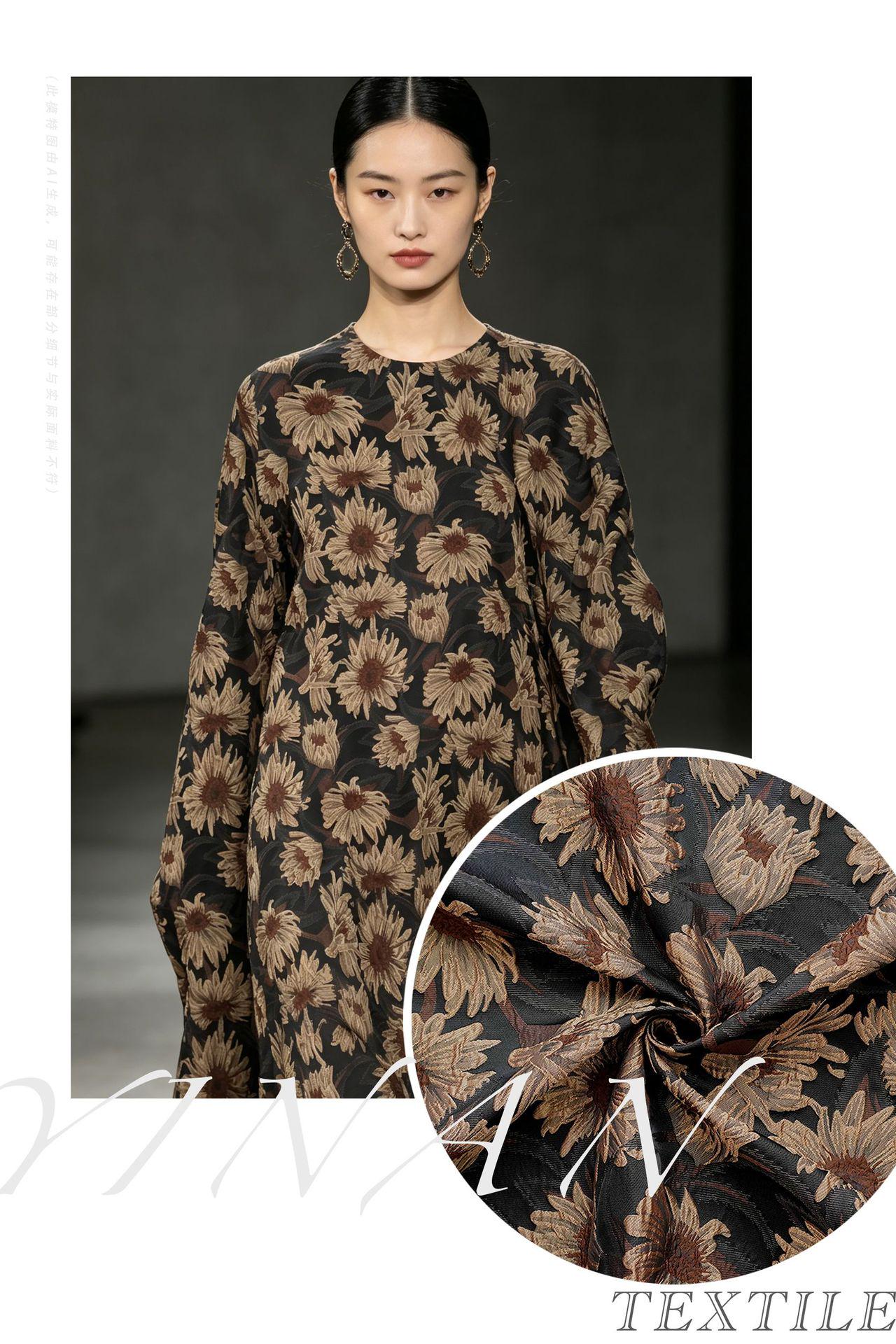 3D Sunflower Jacquard Fabric by the Meter | Vintage Embossed Floral Brocade | Black Brown | Quilting Home Decor Upholstery Bag Making