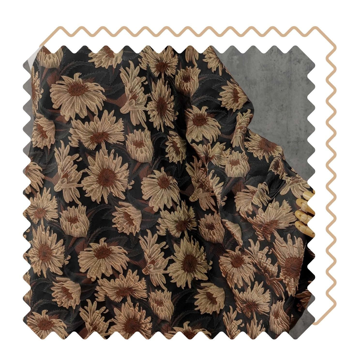 3D Sunflower Jacquard Fabric by the Meter | Vintage Embossed Floral Brocade | Black Brown | Quilting Home Decor Upholstery Bag Making