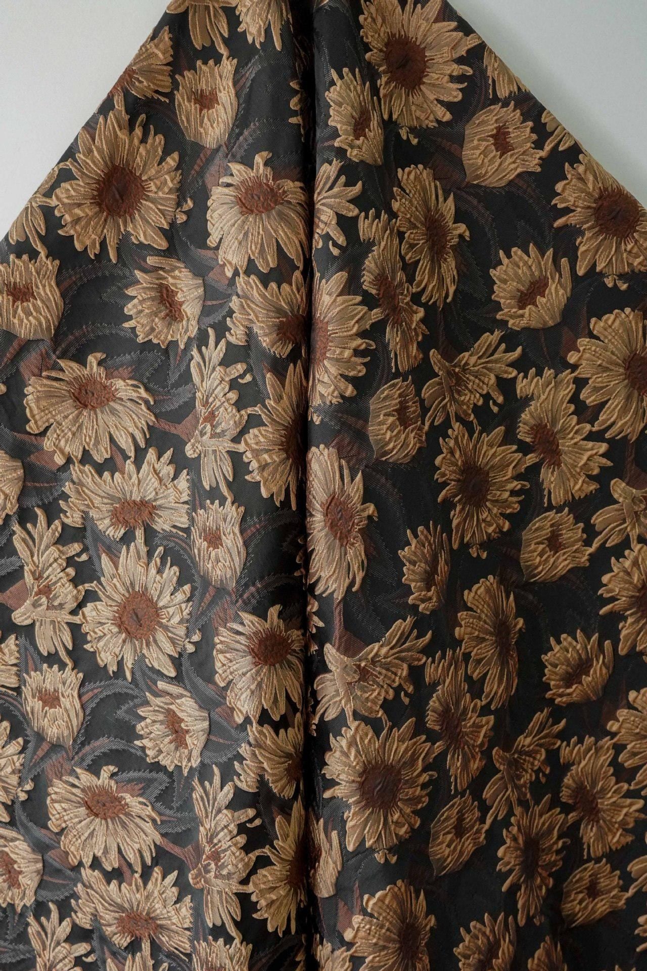 3D Sunflower Jacquard Fabric by the Meter | Vintage Embossed Floral Brocade | Black Brown | Quilting Home Decor Upholstery Bag Making