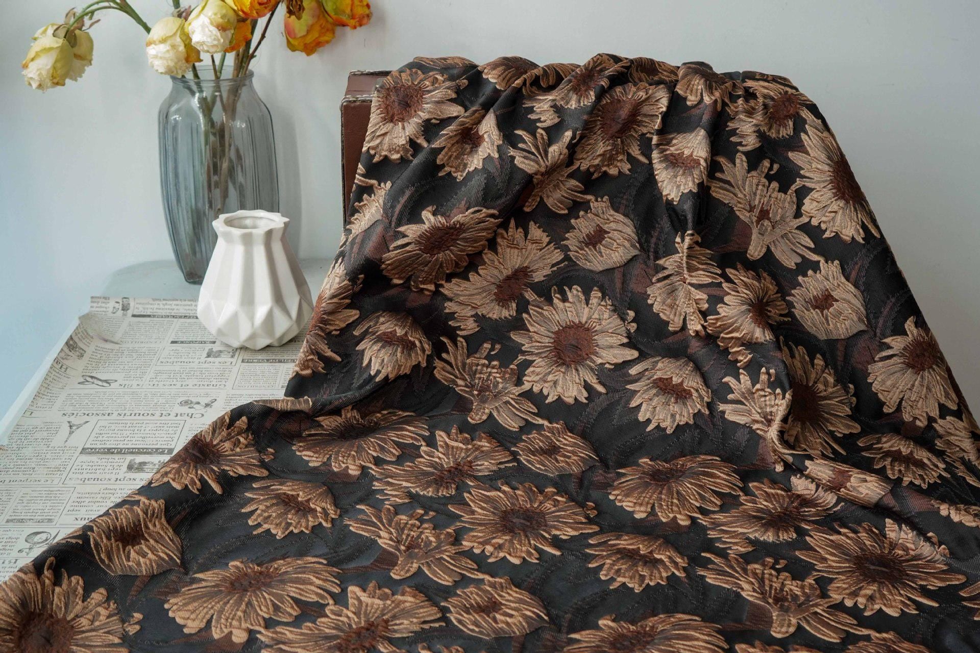 3D Sunflower Jacquard Fabric by the Meter | Vintage Embossed Floral Brocade | Black Brown | Quilting Home Decor Upholstery Bag Making