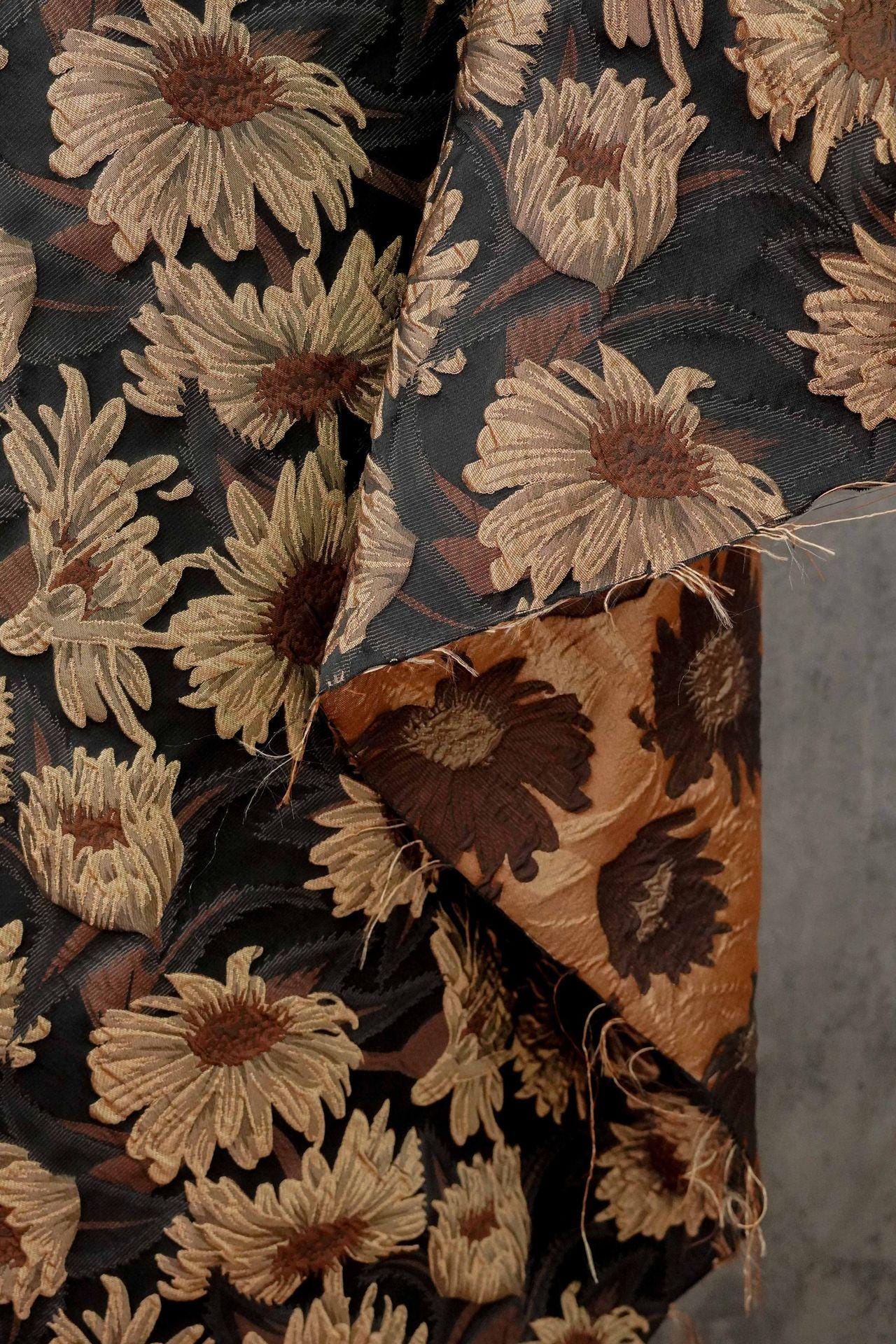3D Sunflower Jacquard Fabric by the Meter | Vintage Embossed Floral Brocade | Black Brown | Quilting Home Decor Upholstery Bag Making