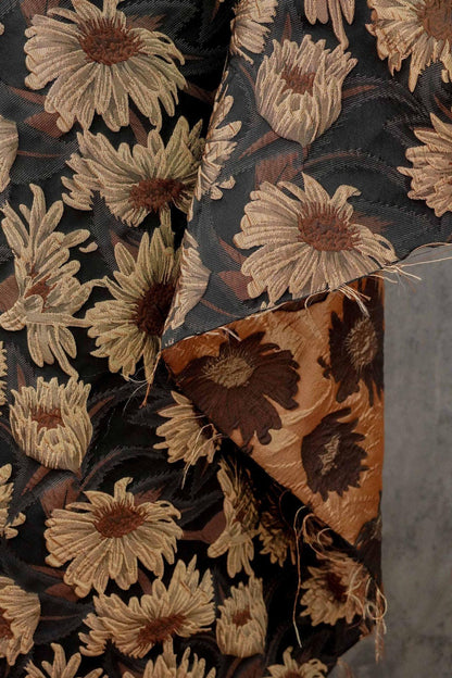 3D Sunflower Jacquard Fabric by the Meter | Vintage Embossed Floral Brocade | Black Brown | Quilting Home Decor Upholstery Bag Making
