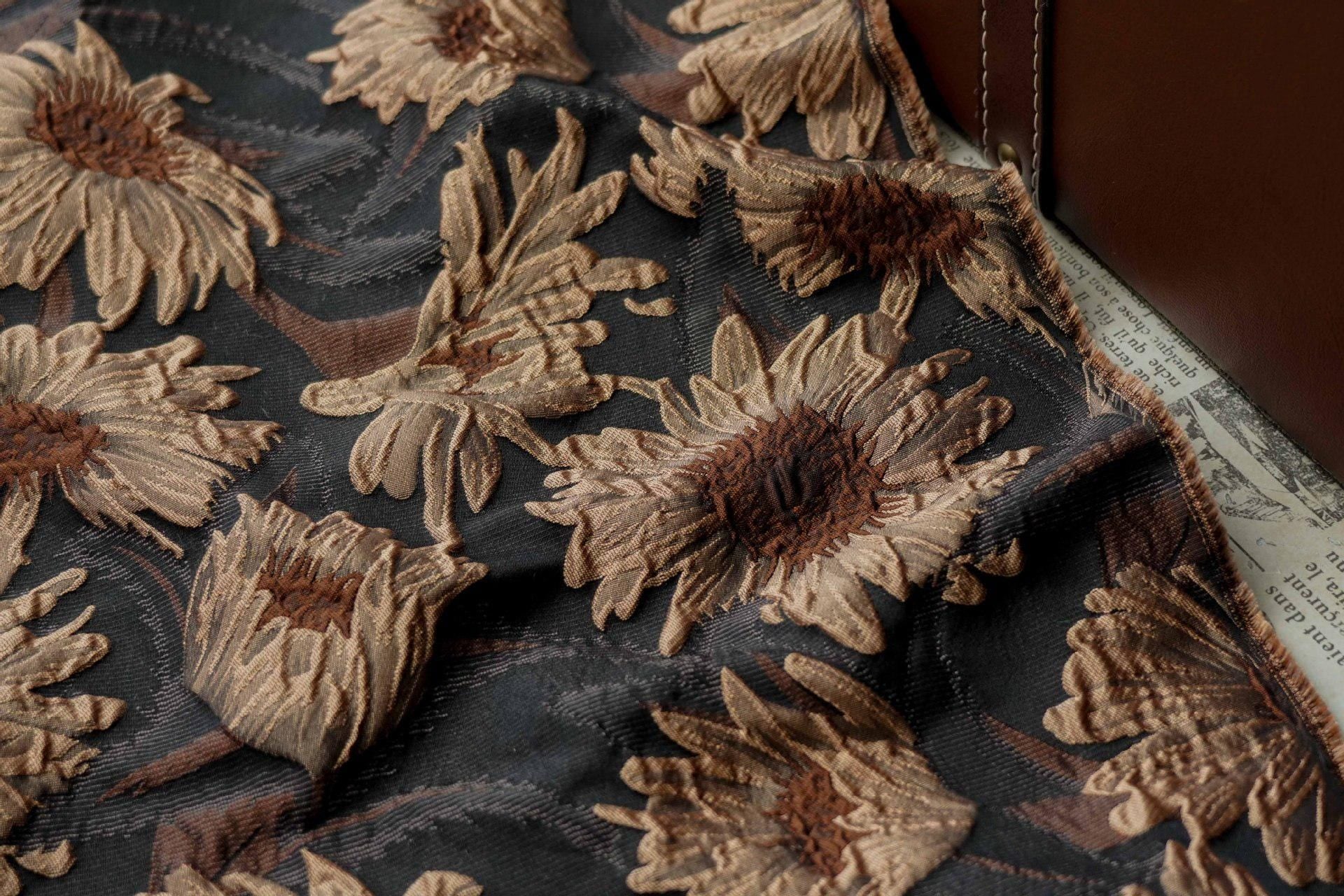 3D Sunflower Jacquard Fabric by the Meter | Vintage Embossed Floral Brocade | Black Brown | Quilting Home Decor Upholstery Bag Making
