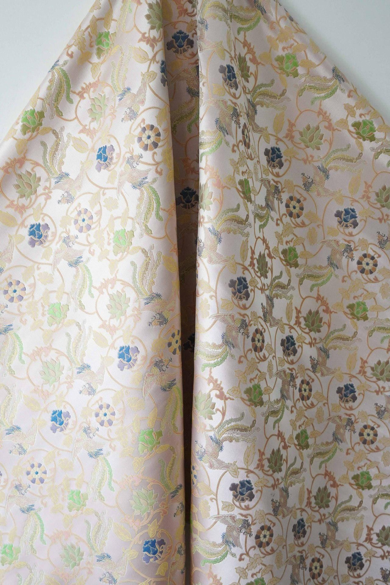 Chinese Phoenix & Lotus Song Brocade Fabric | Gold Thread Jacquard | 64" Wide | Hanfu Qipao Dress Cosplay Wedding - Poppylollipop