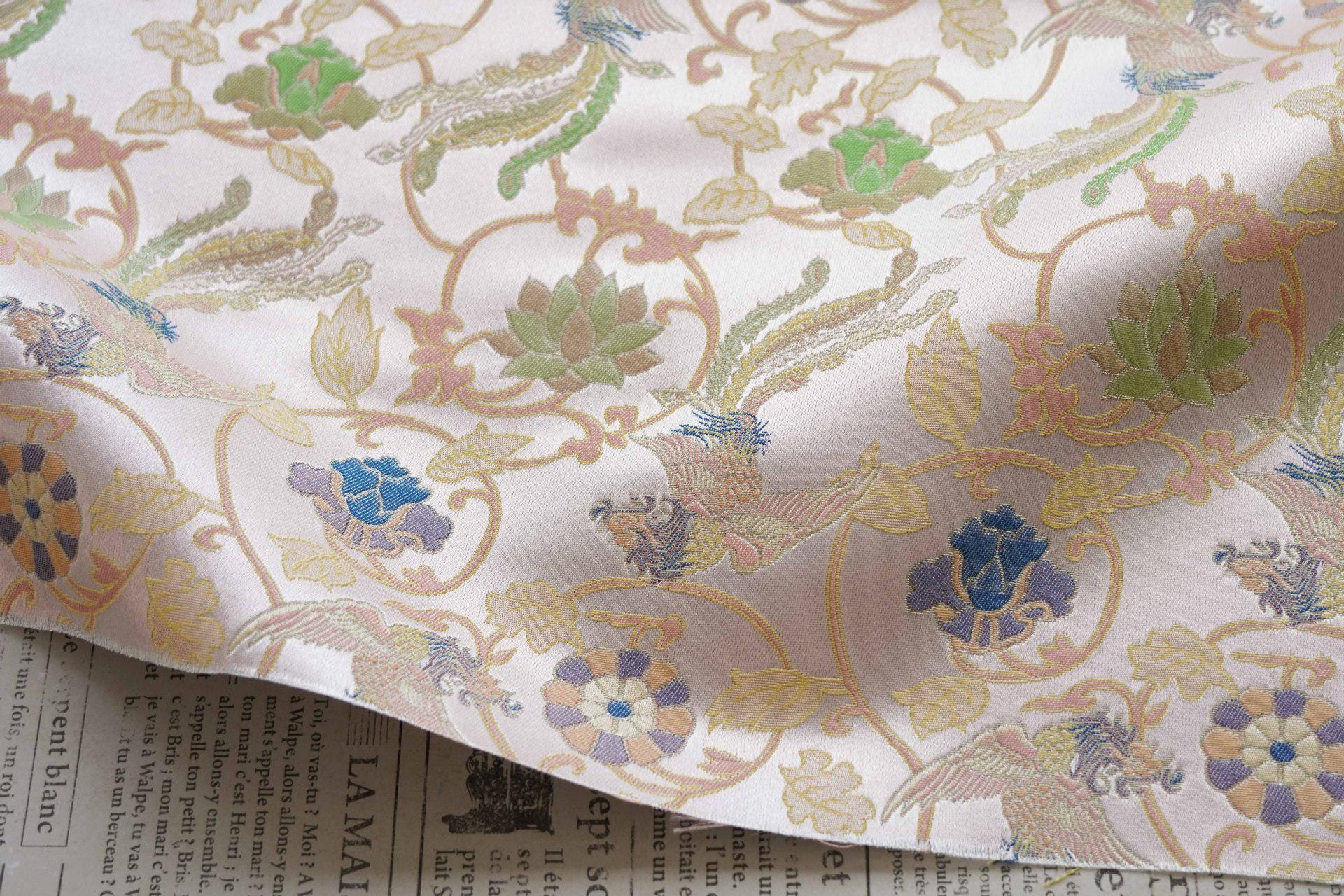 Chinese Phoenix & Lotus Song Brocade Fabric | Gold Thread Jacquard | 64" Wide | Hanfu Qipao Dress Cosplay Wedding - Poppylollipop