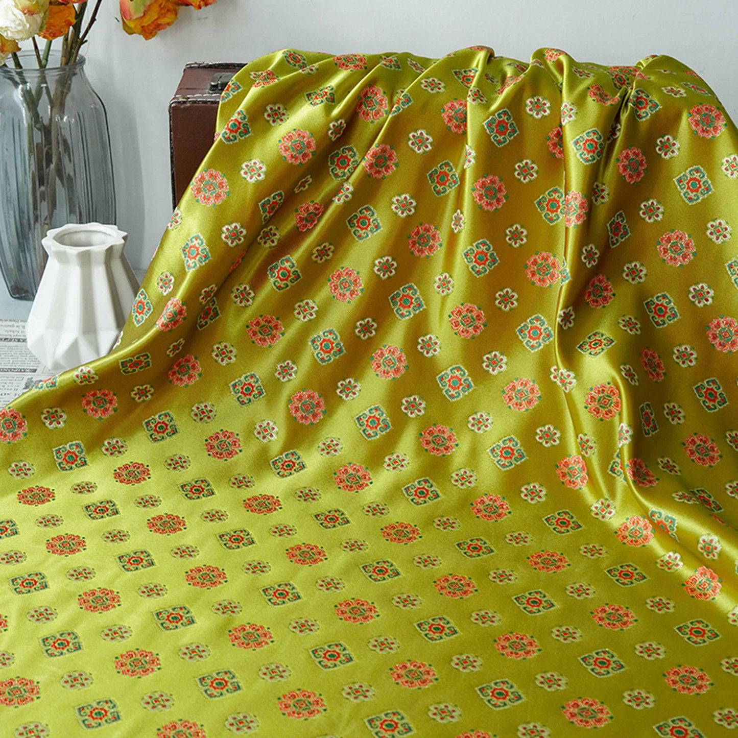 Song Brocade Fabric Yellow Green | Coin Floral Jacquard | Vintage Chinese Pattern | 60" Wide | Hanfu Costume Decor - Poppylollipop