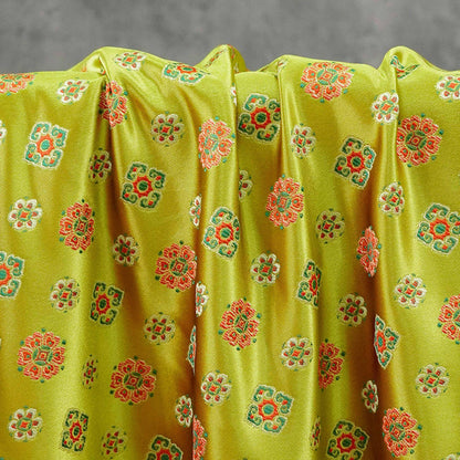 Song Brocade Fabric Yellow Green | Coin Floral Jacquard | Vintage Chinese Pattern | 60" Wide | Hanfu Costume Decor - Poppylollipop