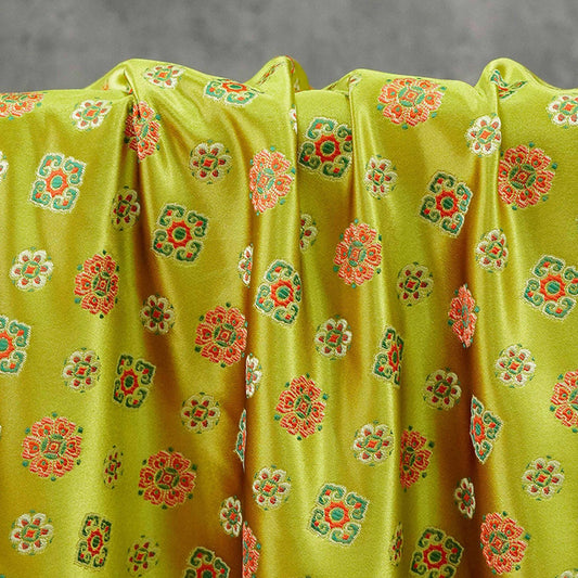 Song Brocade Fabric Yellow Green | Coin Floral Jacquard | Vintage Chinese Pattern | 60" Wide | Hanfu Costume Decor - Poppylollipop