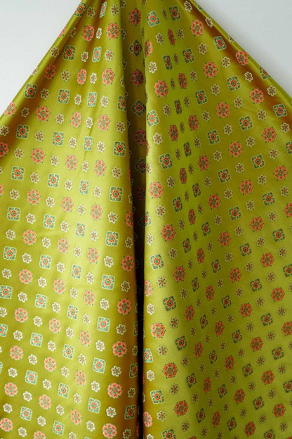 Song Brocade Fabric Yellow Green | Coin Floral Jacquard | Vintage Chinese Pattern | 60" Wide | Hanfu Costume Decor - Poppylollipop