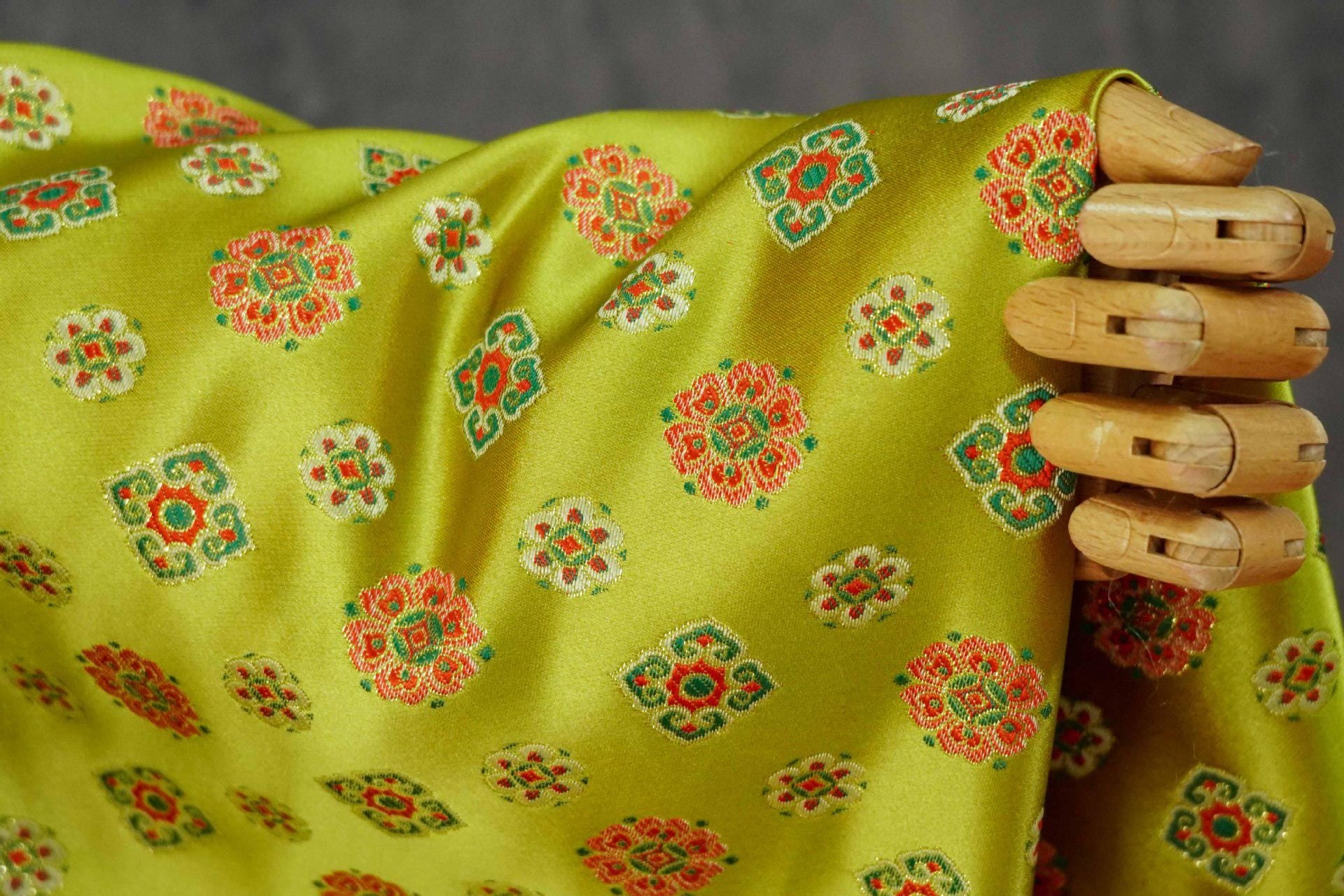 Song Brocade Fabric Yellow Green | Coin Floral Jacquard | Vintage Chinese Pattern | 60" Wide | Hanfu Costume Decor - Poppylollipop