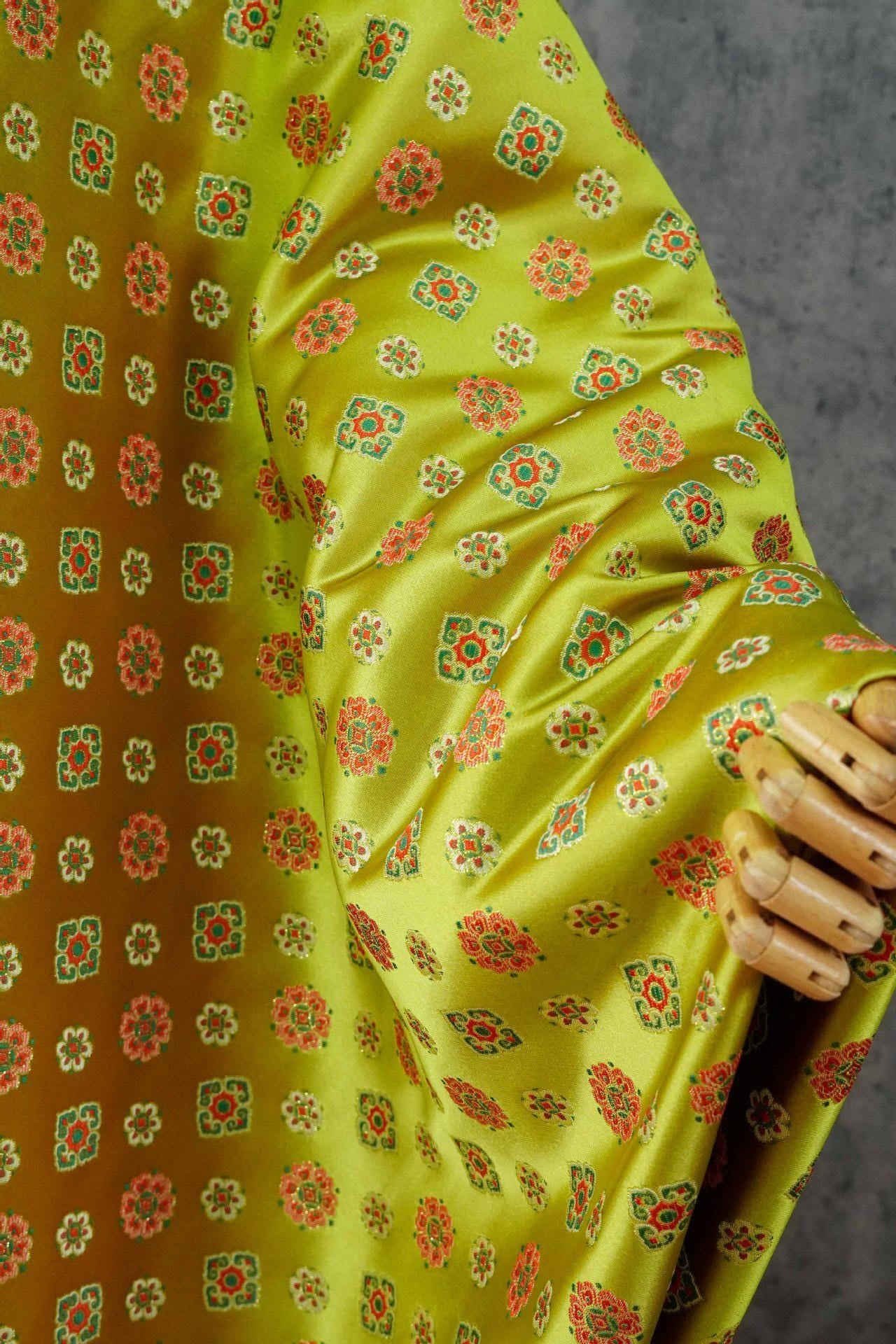 Song Brocade Fabric Yellow Green | Coin Floral Jacquard | Vintage Chinese Pattern | 60" Wide | Hanfu Costume Decor - Poppylollipop
