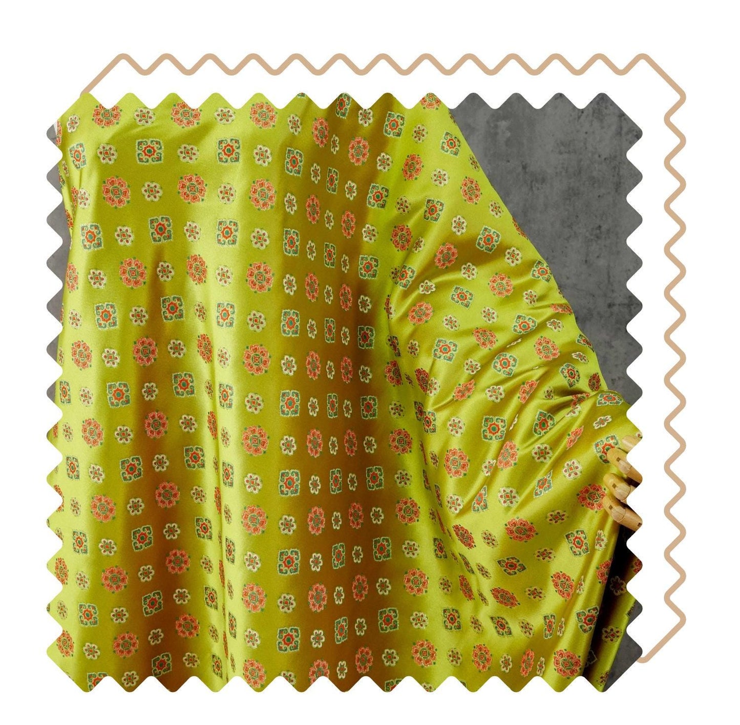 Song Brocade Fabric Yellow Green | Coin Floral Jacquard | Vintage Chinese Pattern | 60" Wide | Hanfu Costume Decor - Poppylollipop