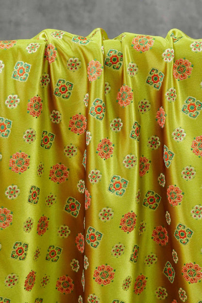 Song Brocade Fabric Yellow Green | Coin Floral Jacquard | Vintage Chinese Pattern | 60" Wide | Hanfu Costume Decor - Poppylollipop