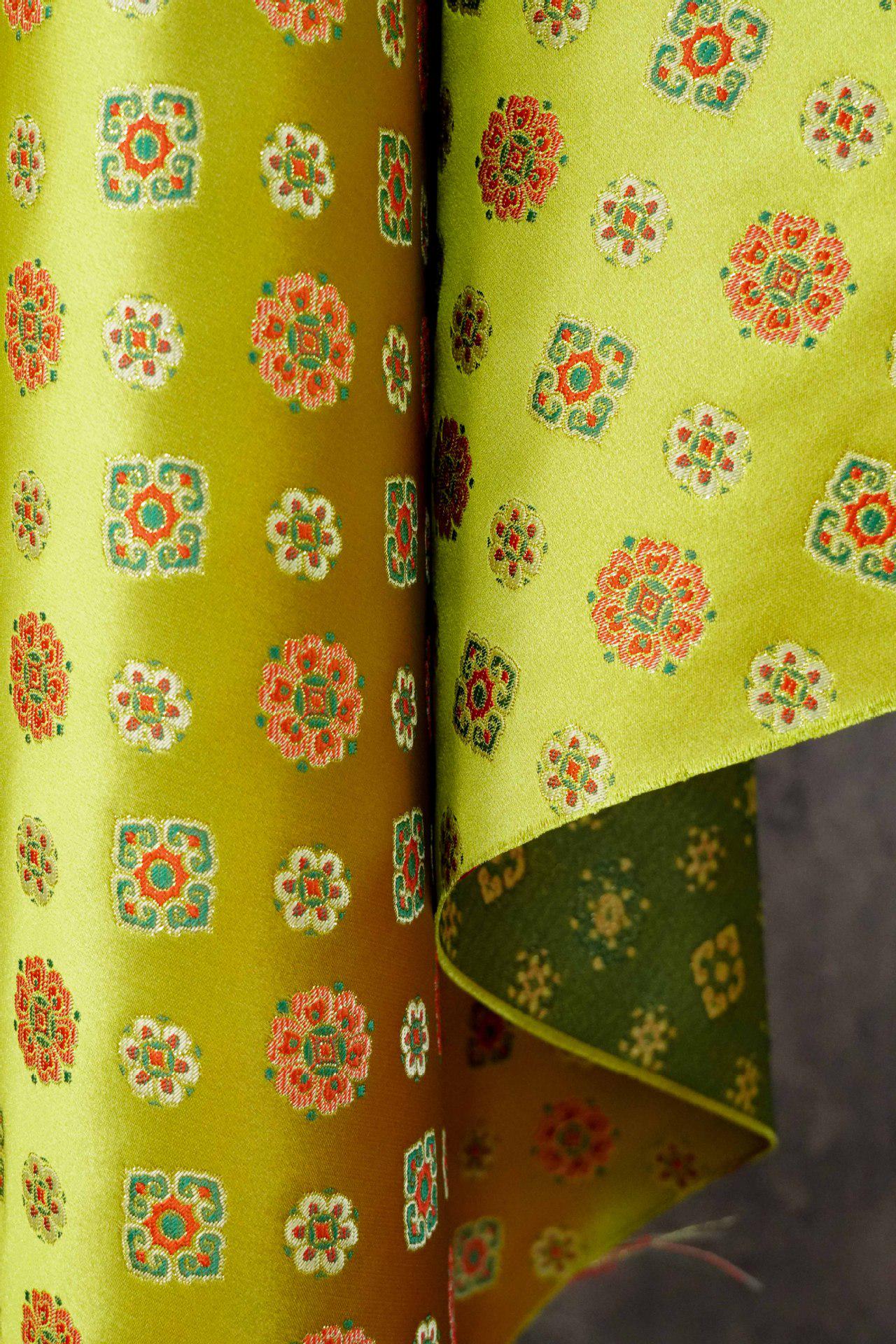 Song Brocade Fabric Yellow Green | Coin Floral Jacquard | Vintage Chinese Pattern | 60" Wide | Hanfu Costume Decor - Poppylollipop