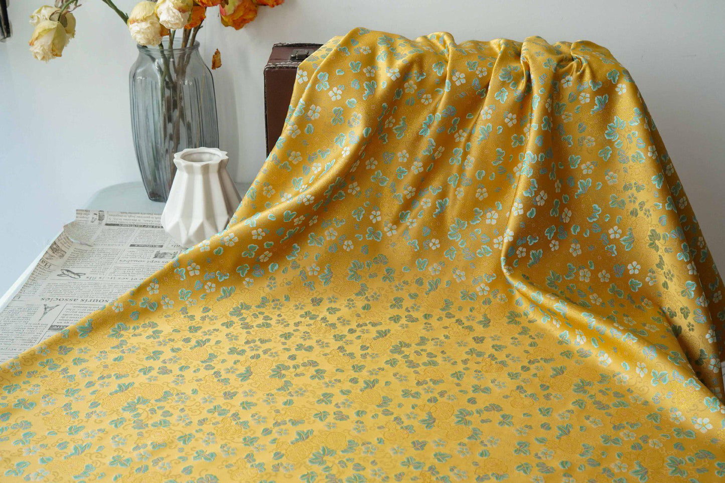 Song Brocade Fabric Gold Thread | Ditsy Floral Jacquard | 3 Colors | Vintage Pattern 59" | Hanfu Dress Cosplay