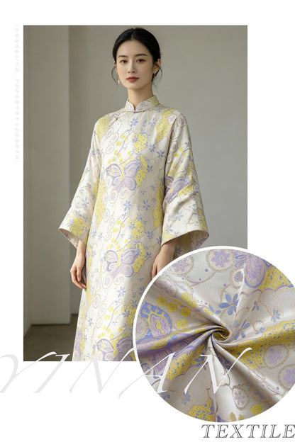 Butterfly Floral Jacquard Fabric Yellow Purple | Gold Thread Brocade | 64" Wide | Vintage Hanfu Dress Cosplay
