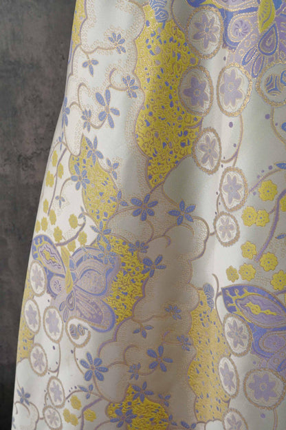 Butterfly Floral Jacquard Fabric Yellow Purple | Gold Thread Brocade | 64" Wide | Vintage Hanfu Dress Cosplay