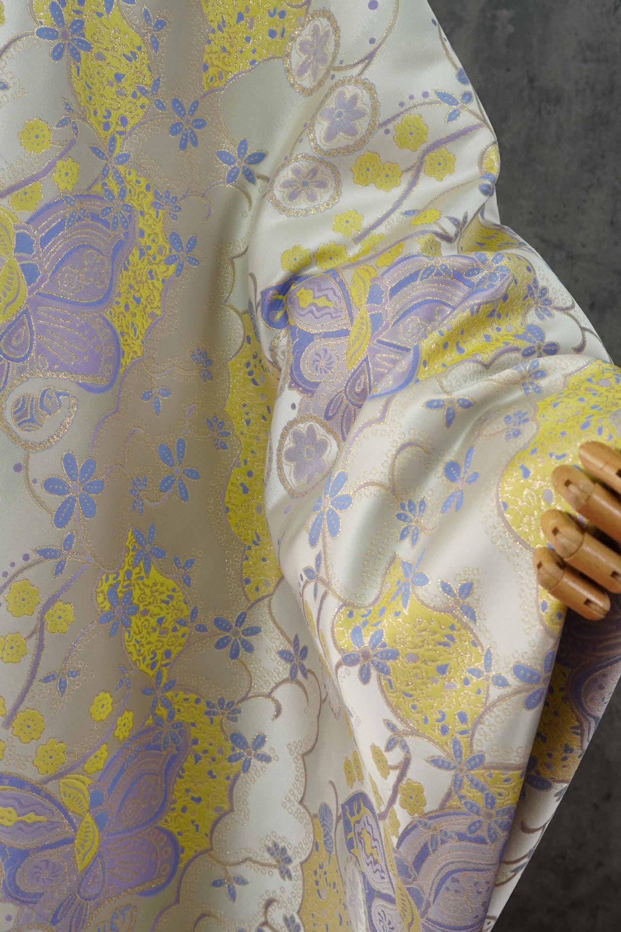 Butterfly Floral Jacquard Fabric Yellow Purple | Gold Thread Brocade | 64" Wide | Vintage Hanfu Dress Cosplay