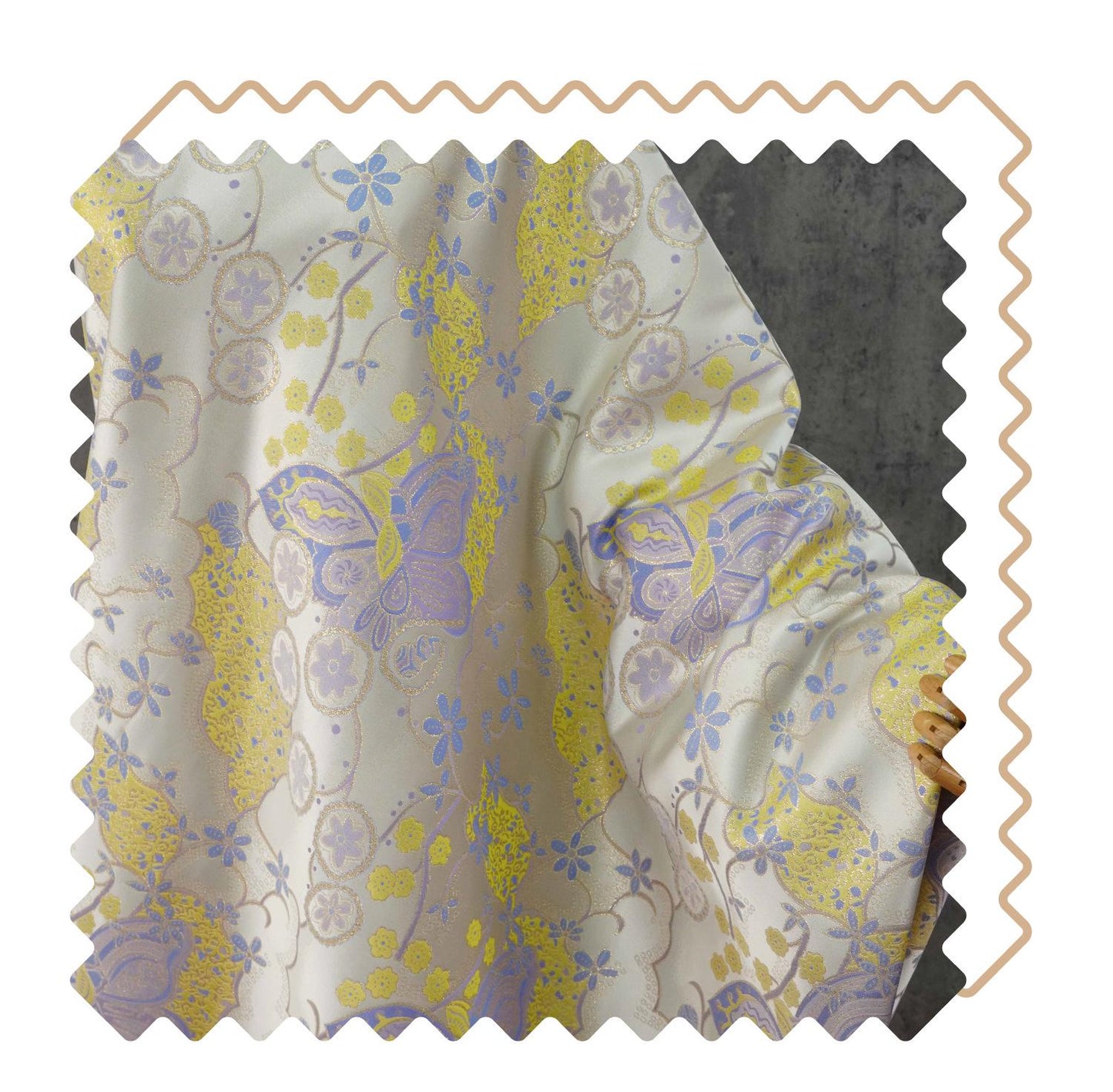 Butterfly Floral Jacquard Fabric Yellow Purple | Gold Thread Brocade | 64" Wide | Vintage Hanfu Dress Cosplay