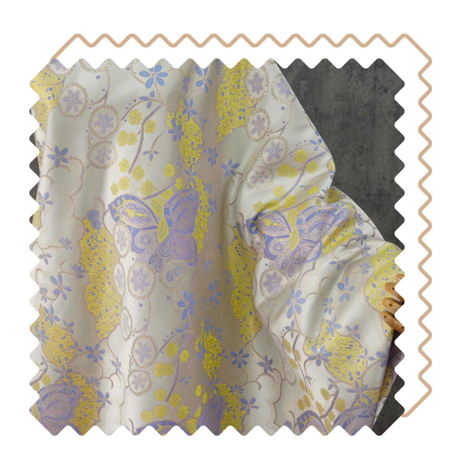 Butterfly Floral Jacquard Fabric Yellow Purple | Gold Thread Brocade | 64" Wide | Vintage Hanfu Dress Cosplay